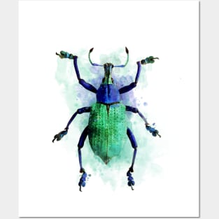 Dramabite Watercolor beetle green purple turquoise insect painting Posters and Art